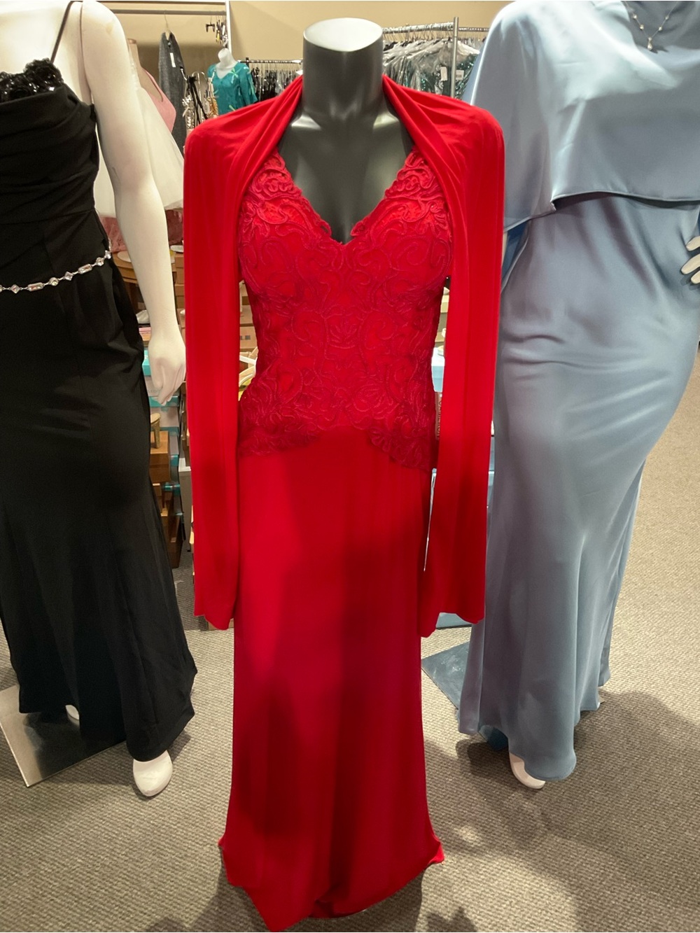 Red Lace Bodice Formal Gown with Matching Shawl